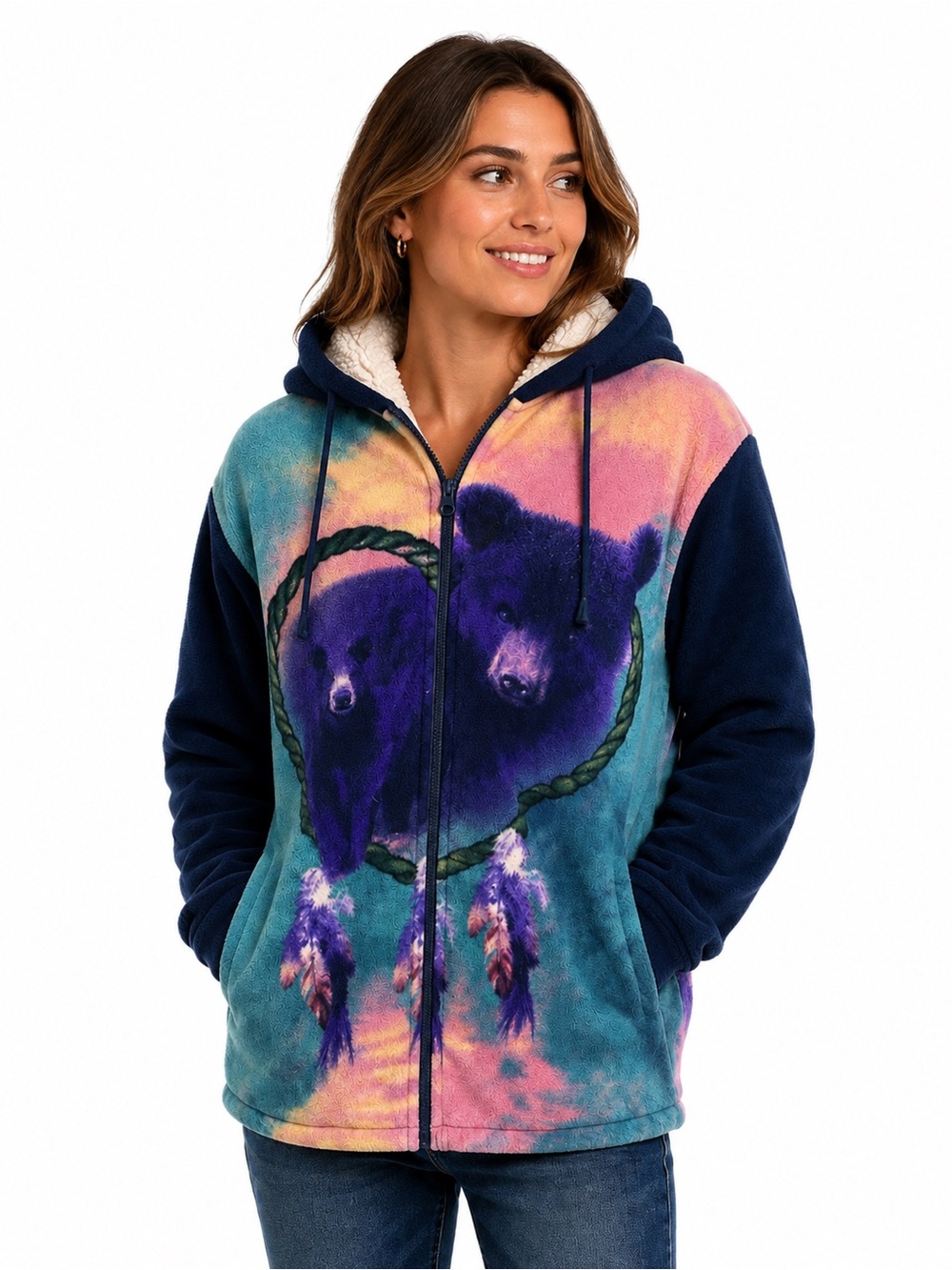 West Coast Connection Bear Dreamcatcher Fleece Hoodie Jacket Women’s XL Full Zip
